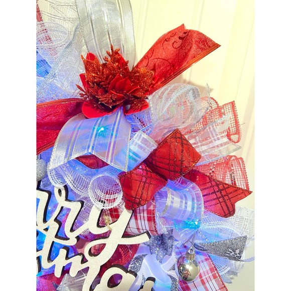 Christmas Poinsettia Holiday Ribbon Door Wreath Handmade 22 ins LED W15 - Picture 7 of 10